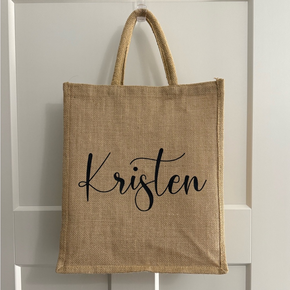 NEW burlap/jute personalized "Kristen" tote bag